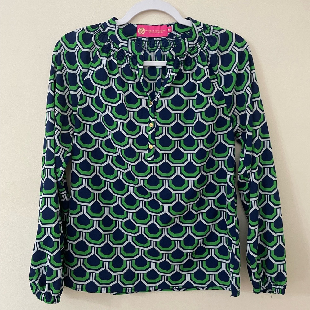Macbeth Collection by Margaret Josephs Navy and Green Blouse